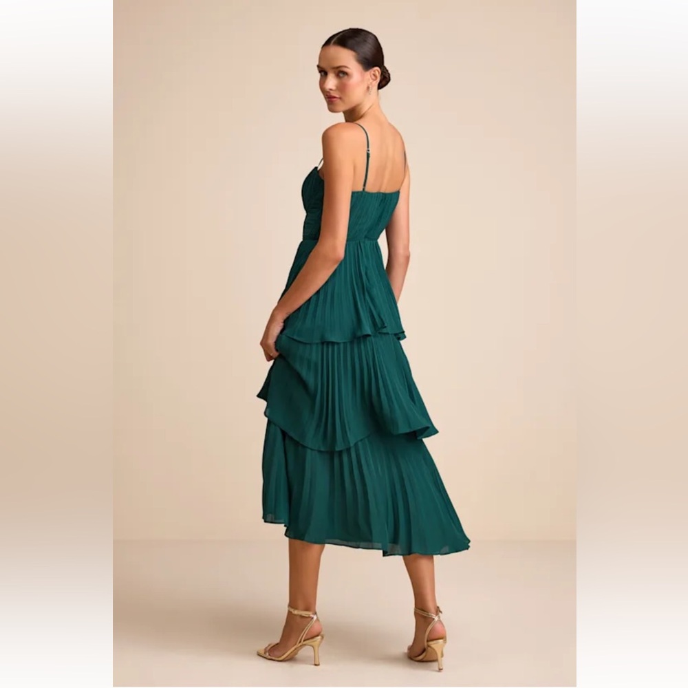 Lulus Cascading Crush Emerald Tiered Bustier Midi Dress - Picture 5 of 9